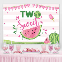 Lofaris Two Sweet Watermelon Pink Stripes 2nd Birthday Backdrop for Girl