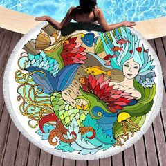 Lofaris Undersea Happy Mermaid Round Beach Blanket With Fringe