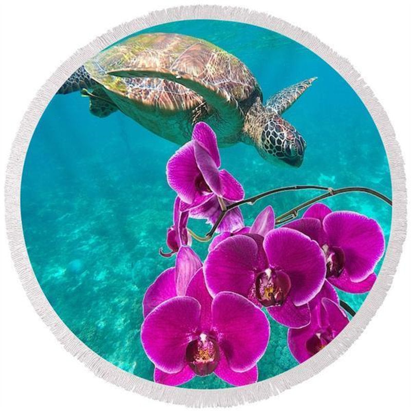 Lofaris Undersea Turtle Purple Floral Circle Beach Blanket