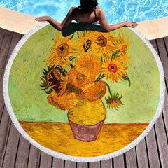 Lofaris Van Gogh Sunflowers Round Beach Towel With Fringe