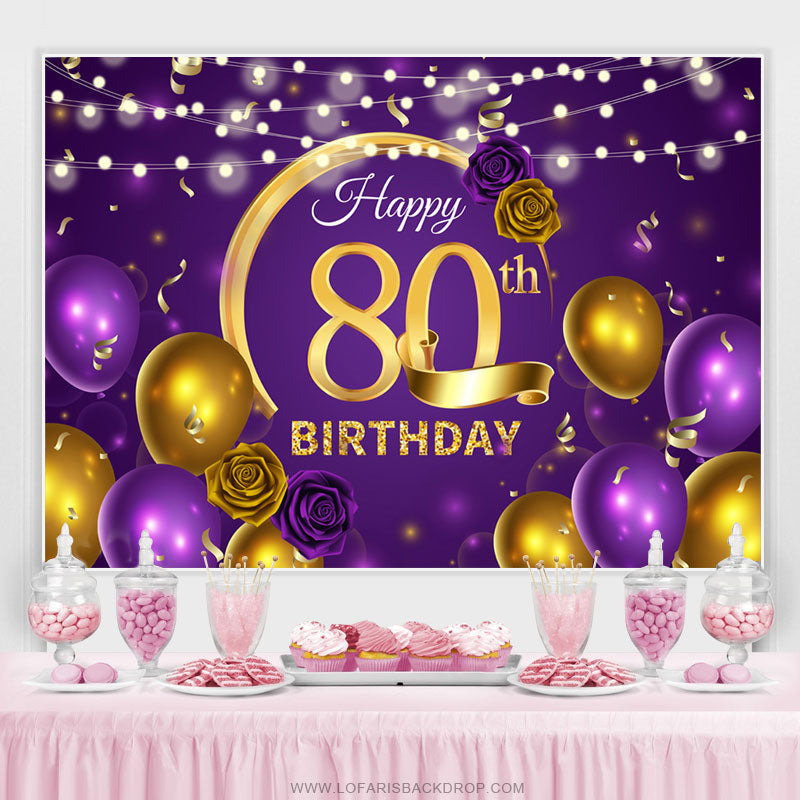 Violet Balloon Floral Happy 80Th Birthday Backdrop – Lofaris