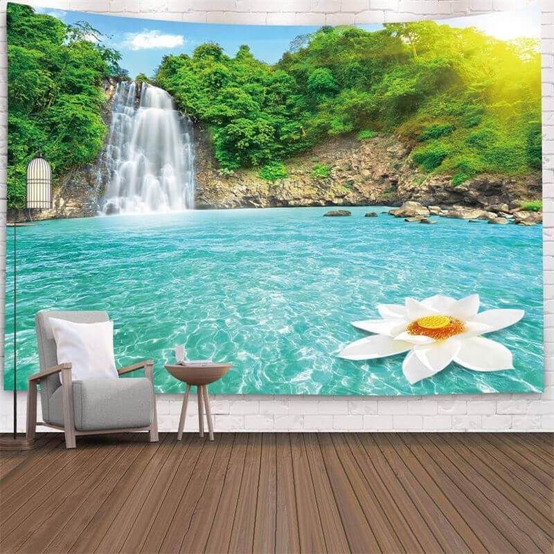 Lofaris Waterfall Mountain Lake Landscape Floral Wall Tapestry