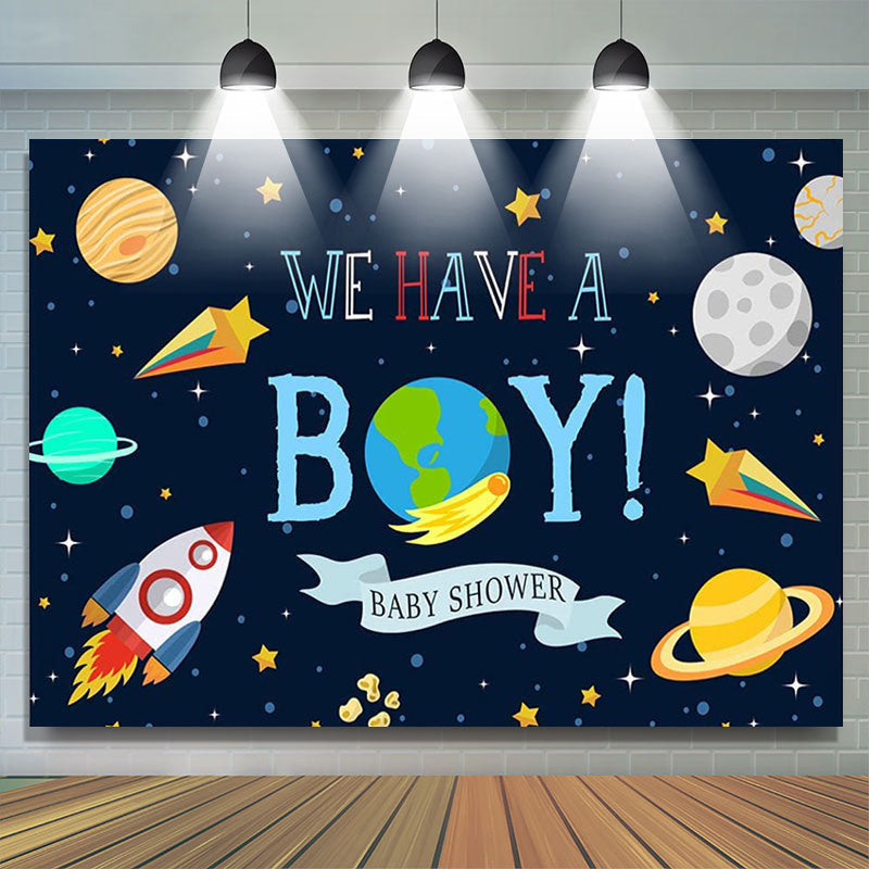 Lofaris We Have A Boy Space Rocket Theme Baby Shower Backdrop