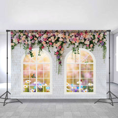 Lofaris White And Floral Bricks Window Spring Backdrop