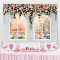 Lofaris White And Floral Bricks Window Spring Backdrop