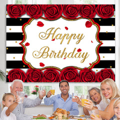 Lofaris White-Black Stripes And Rose Happy Birthday Backdrop