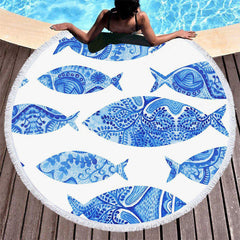 Lofaris White Blue Fish Picture Hamoa Round Beach Towel