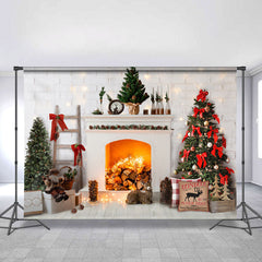 Lofaris White Brick And Fireplace Animal Christmas Backdrop