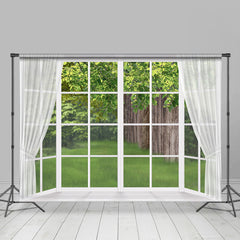 Lofaris White Curtain Green Tree Wooden Spring Scene Backdrop