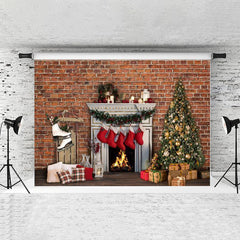 Lofaris White Fireplace And Chrismas Tree Taupe Brick Backdrop