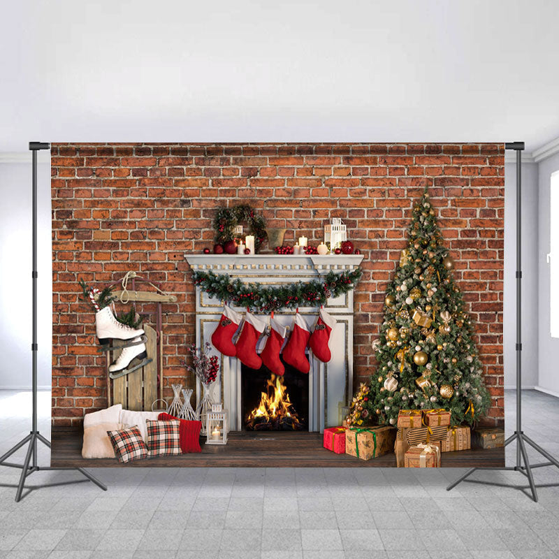 Lofaris White Fireplace And Chrismas Tree Taupe Brick Backdrop