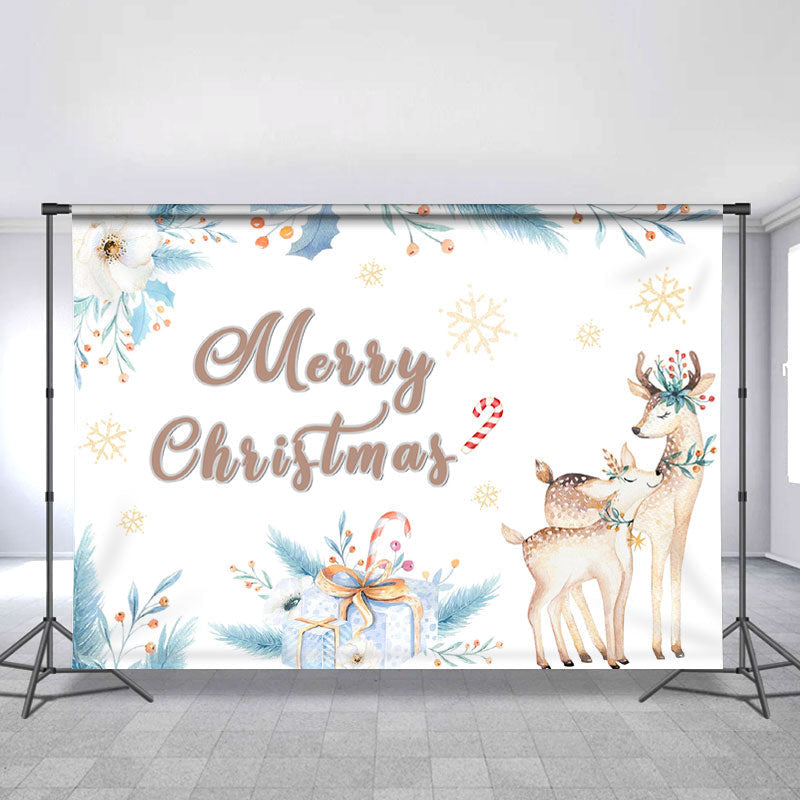 Lofaris White Floral And Elk Blue Leaves Chrismas Backdrop