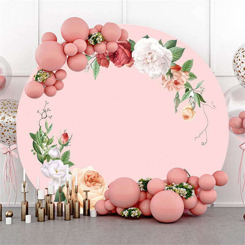 Lofaris White Floral And Green Leaves Pink Round Birthday Backdrop