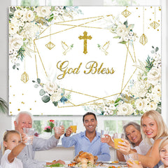 Lofaris White Floral Gold Glitter God Bless Baby Shower Backdrop