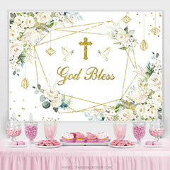 Lofaris White Floral Gold Glitter God Bless Baby Shower Backdrop