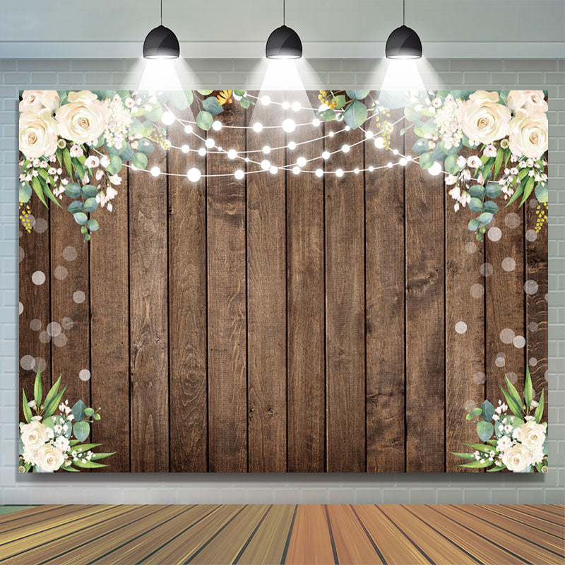 White Floral Green Leaf Brown Wood Birthday Backdrop