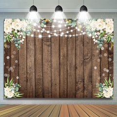 Lofaris White Floral Green Leaf Brown Wood Birthday Backdrop