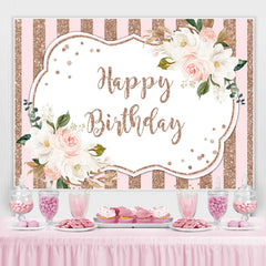 Lofaris White Floral Pink and Rose Gold Bokeh Birthday Backdrop