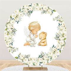 Lofaris White Floral Round Baby And Bear Shower Backdrop