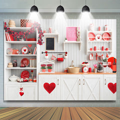 Lofaris White Kitchen Theme Heart Happy Valetines Day Backdrop