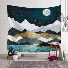 Lofaris White Moon Mountain Painting Style Family Wall Tapestry