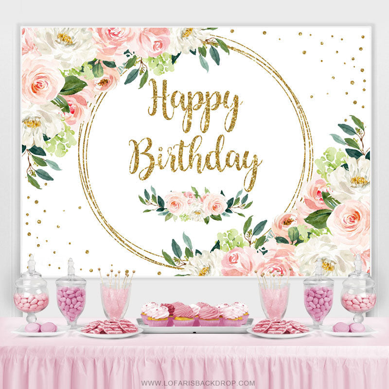 White Pink Floral Glitter Happy Birthday Backdrop Banner – Lofaris