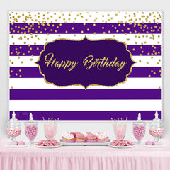 Lofaris White-Purple Stripes And Gold Happy Birthday Backdrop