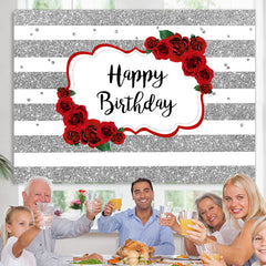 Lofaris White-Silver Stripes And Rose Happy Birthday Backdrop