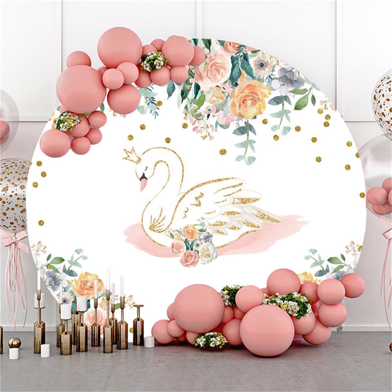 Lofaris White Swan And Flower Happy Birthday Round Backdrop