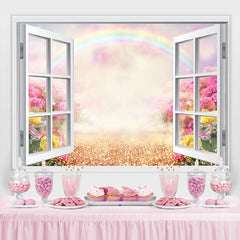 Lofaris White Window Glitter Land Pink Sky Scene Spring Backdrop