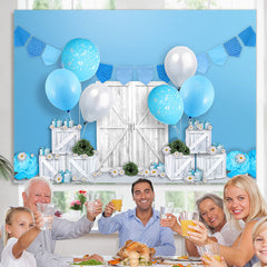 Lofaris White Wooden Blue Balloons Happy Birthday Backdrop