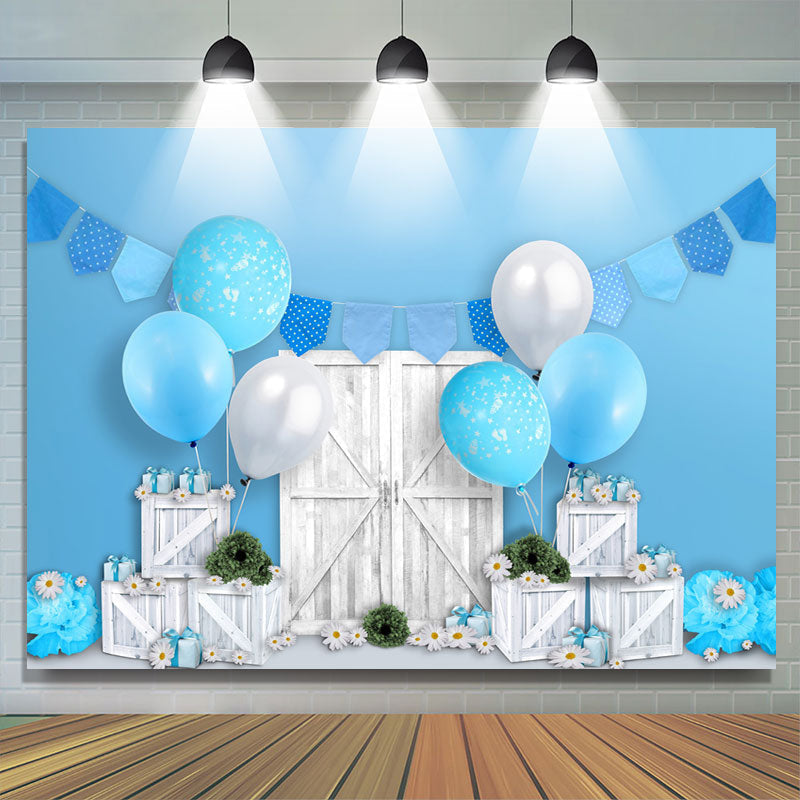 Lofaris White Wooden Blue Balloons Happy Birthday Backdrop