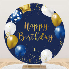 Lofaris White Yellow Balloons Navy Happy Birthday Round Backdrop