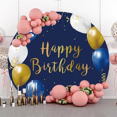 Lofaris White Yellow Balloons Navy Happy Birthday Round Backdrop