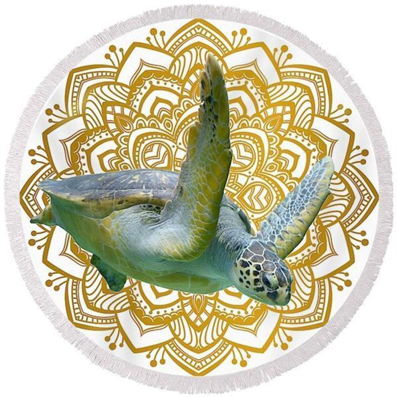 Lofaris Wild Sea Turtle Circle Gold Mandala Beach Blanket