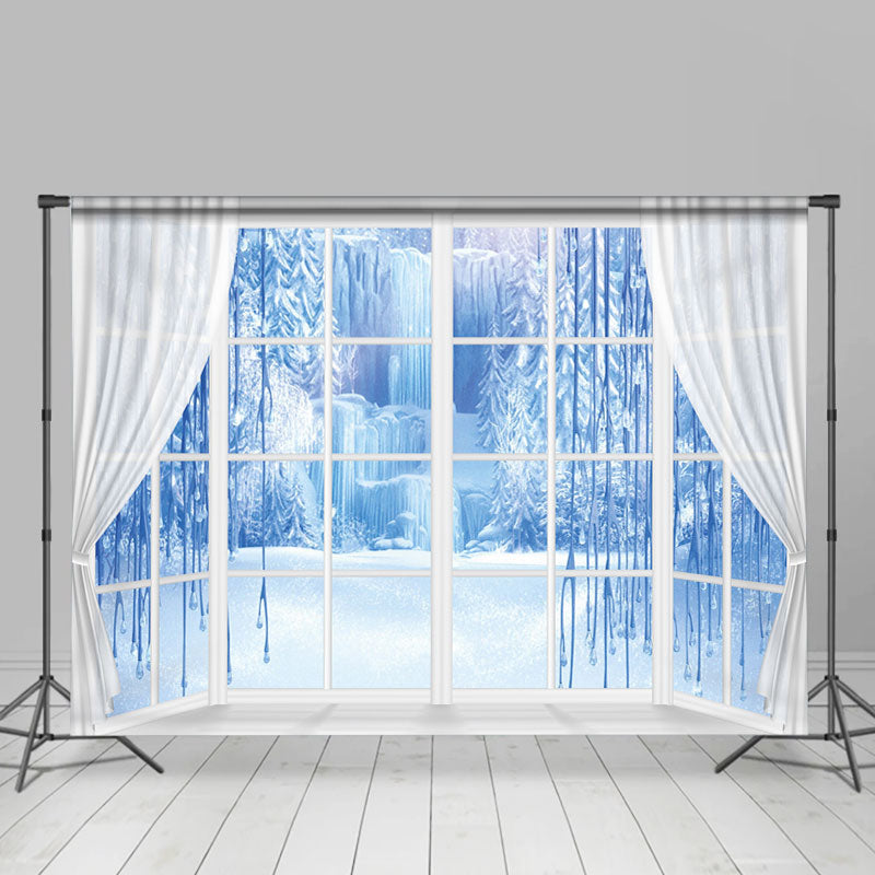 Lofaris Winter Curtain Window Blue Ice Scene Photo Backdrop