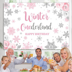 Lofaris Winter Floral Pink Onederland Backdrop for Birthday Party