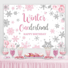 Lofaris Winter Floral Pink Onederland Backdrop for Birthday Party