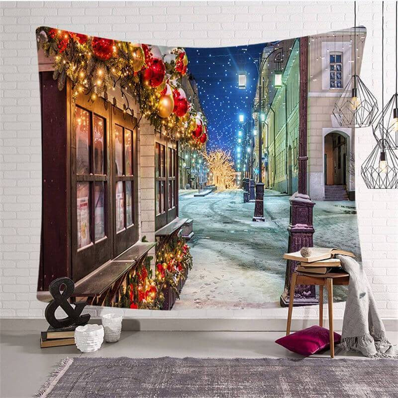 Lofaris Winter Light Street Christmas Landscape Wall Tapestry