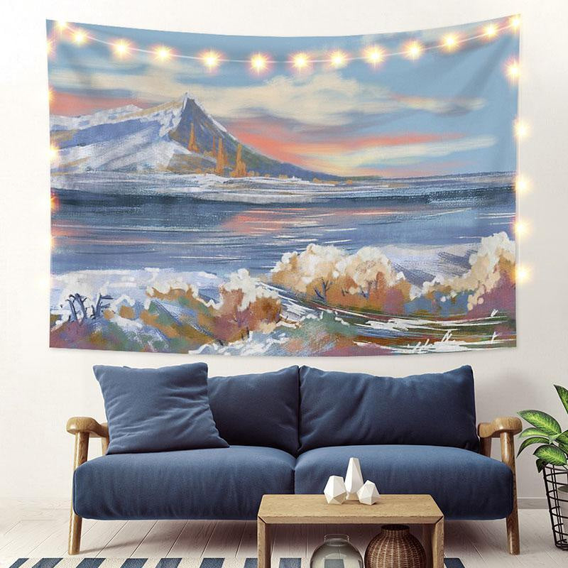 Lofaris Winter Mountain Painting Style Lake Custom Tapestry