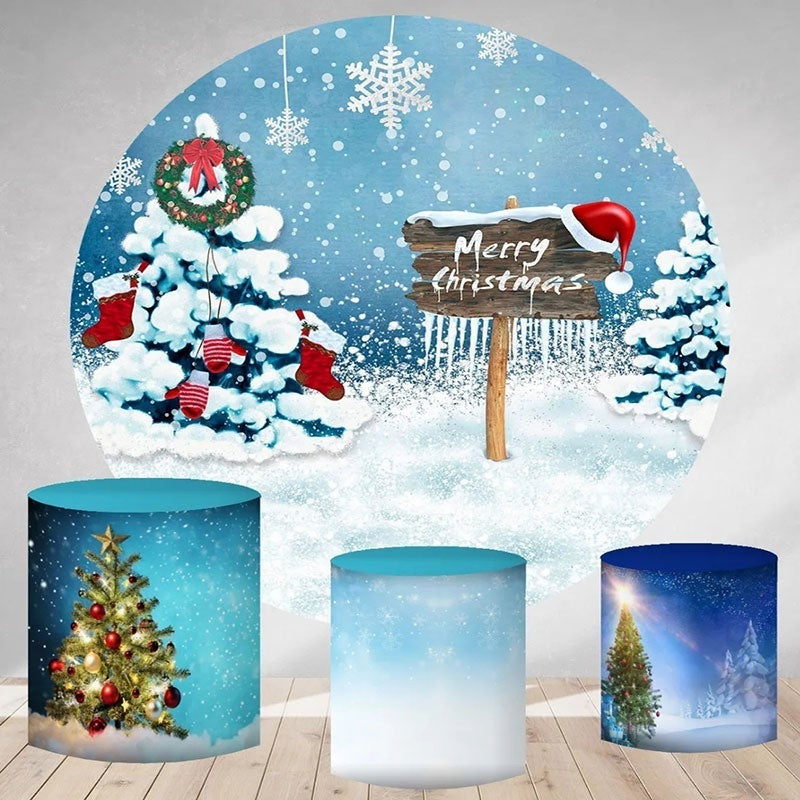 Lofaris Winter Snow Scecery Round Merry Chrismas Backdrop Kit