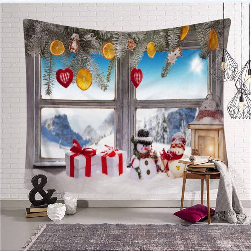 Lofaris Winter Sun And Snowman Christmas Landscape Wall Tapestry