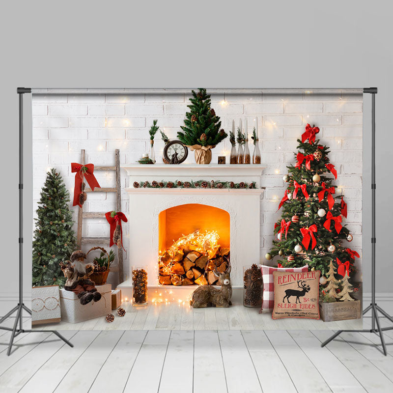 Lofaris Winter White Brick Stove And Christmas Tree Backdrop