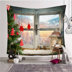 Lofaris Winter Window Christmas Landscape Family Wall Tapestry