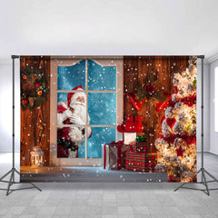 Lofaris Wooden House And Santa Claus Glitter Christmas Backdrop