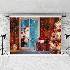 Lofaris Wooden House And Santa Claus Glitter Christmas Backdrop