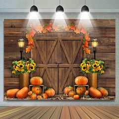 Lofaris Wooden House Door With Sunflower Pumpkin Autumn Backdrop