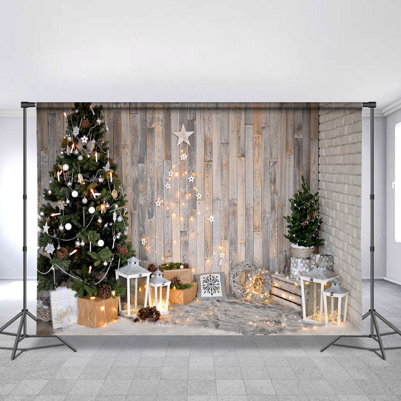 Lofaris Wooden Wall Glitter Lights Christmas Tree Photo Backdrops