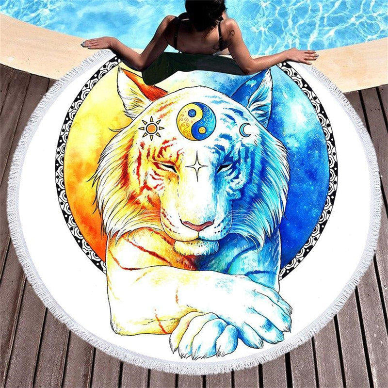 Lofaris Yellow And Blue Taichi Tiger Large Circle Beach Towel