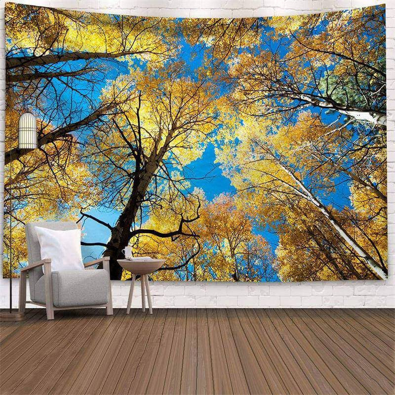 Lofaris Yellow Autumn And Blue Sky Forest Family Wall Tapestry